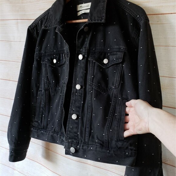 Madewell The Boxy Crop Black Denim Jean Jacket Metallic Dot Edition Women's XS - Picture 7 of 13